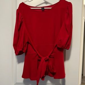 Red front wrap shirt.